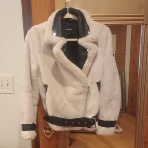 Express Women's Cream Teddy Jacket with Black Accents